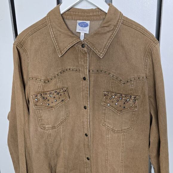 DG2 Diane Gilman Brown Studded Western Denim Full Button Jacket Size 2x Rodeo - Picture 1 of 9